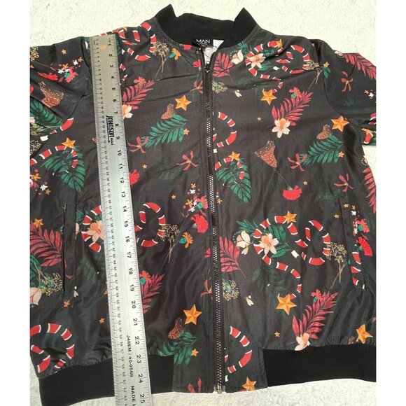 BoohooMan Womens Full Zip Jacket XL Star Floral Print Black Christmas Holiday - Picture 5 of 9